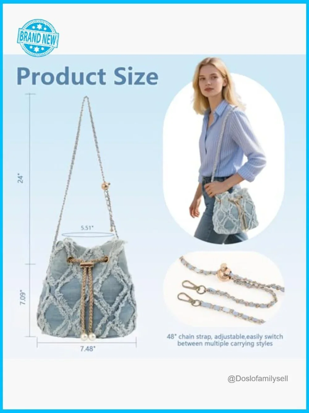 Y2K Denim Bucket Bag Hobo Crossbody Drawstring Shoulder Purse Quilted Chain